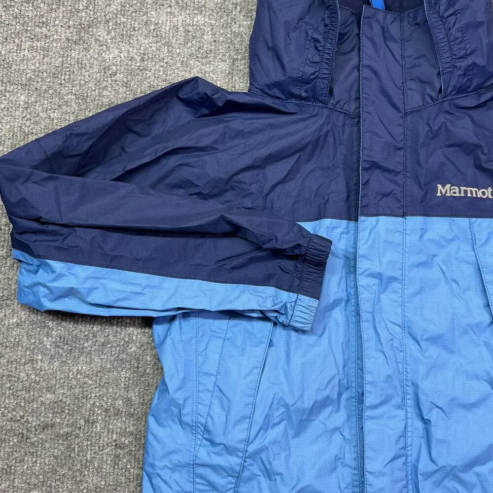 Marmot Jacket Kids XS Blue Colorblock Hooded Rain Coat Nylon Shell Lightweight